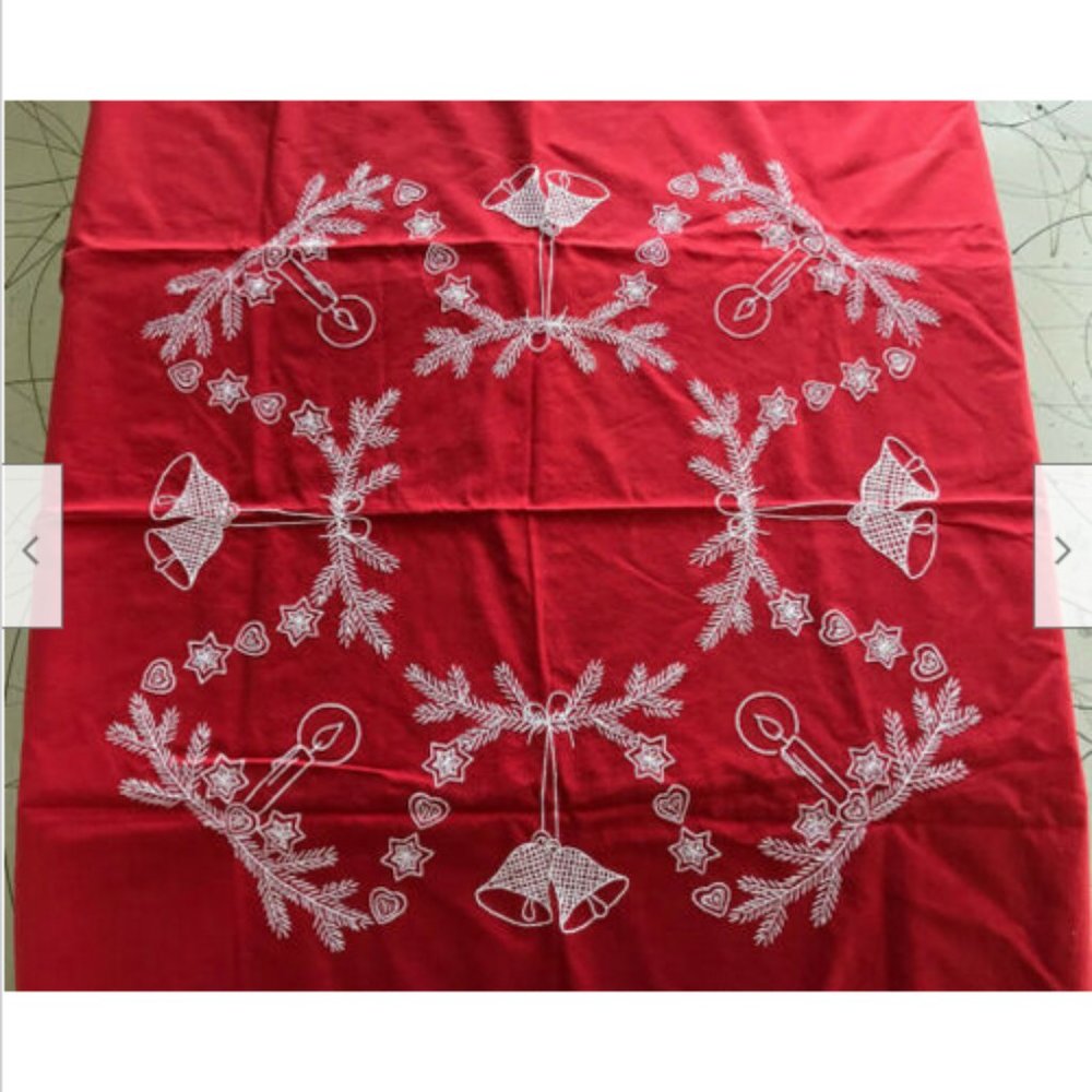 Red Cotton Tablecloth Festive Christmas Holiday Embroidered Design 35" Square
